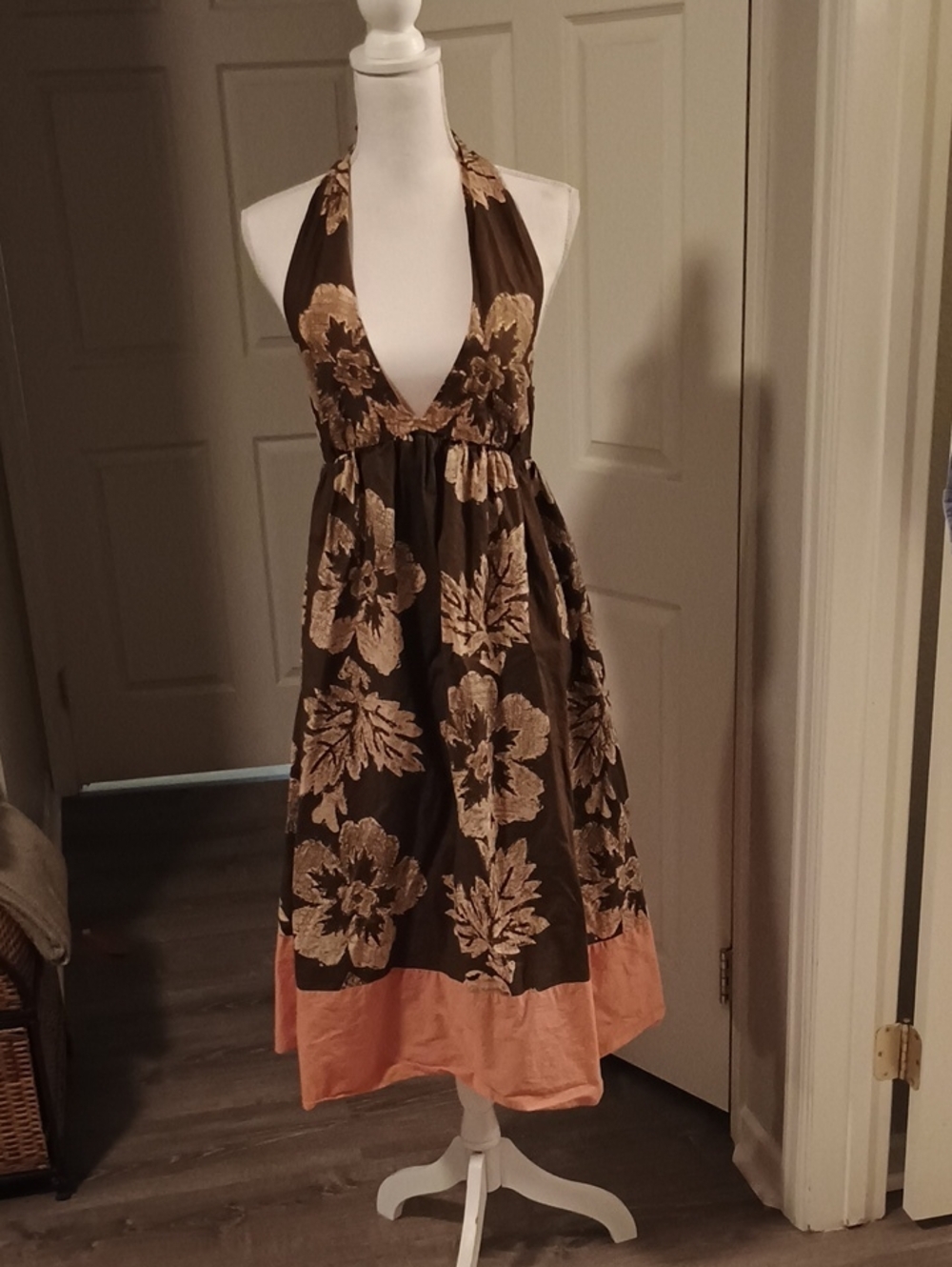 Tocca Brown Floral Halter Dress with Peach Hem